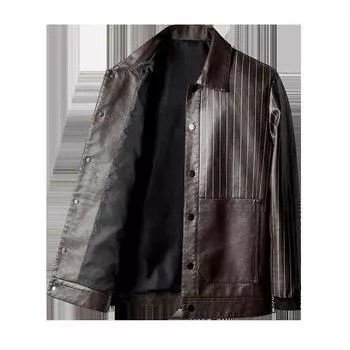 Осенью и зимой новая кожаная куртка мужская модная повседневная легкая деловая куртка с лацканами плюс бархат сезонная удобная и теплая тонкая кожаная куртка M
