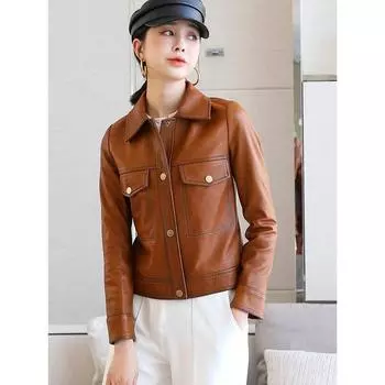 Осенью и зимой новая кожаная куртка женская короткая дубленка локомотив одежда кожаная куртка ретро тонкая куртка дубленка топ M чёрный