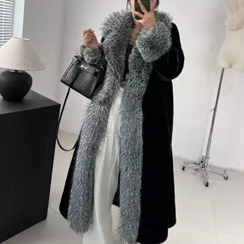 Осенью и зимой новая меховая куртка с большим меховым воротником, длинная искусственная лисья шерсть с леопардовым принтом, сращивание меха, интегрированная, большого размера для женщин one size fits all темно-коричневого