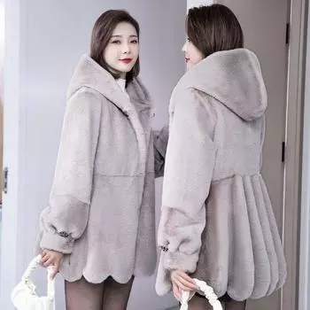 Осенью и зимой новая мода искусственная норка бархатная женская шуба искусственный мех средняя и длинная утолщенная одежда для мам хлопок свободный S 45kg or less чёрный