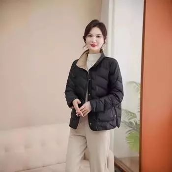 Осенью и зимой новая модная куртка-пуховик с воротником-стойкой женская короткая прессованная клеевая белая утиная пуховая легкая и тонкая теплая куртка двухсторонняя одежда S зелёный