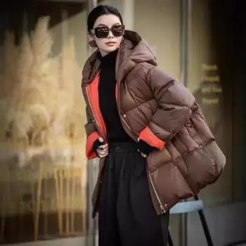 Осенью и зимой новая модная женская куртка-пуховик средней и длинной длины, свободная версия, контрастного цвета с капюшоном, белая куртка-пуховик на утином пуху S хаки