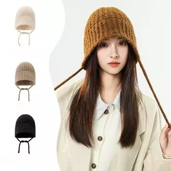 Осенью и зимой новая универсальная вязаная шапка в корейском стиле с ремешками, женская теплая и морозостойкая защитная шапка с изображением лица, маленькая модная шерстяная шапка Hat circumference 56cm-60cm