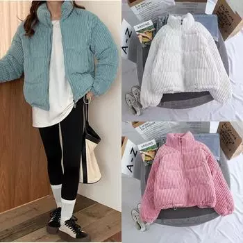 Осенью и зимой новая вельветовая хлопковая куртка женская короткая свободная хлопковая куртка большие ярды легкая студенческая хлопковая куртка S белый