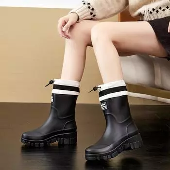 Осенью и зимой новые средние резиновые сапоги-трубы, интернет-знаменитости, женщины носят модные тонкие резиновые сапоги с низким каблуком, нескользящие резиновые сапоги для кемпинга 36