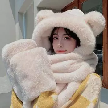 Осенью и зимой новый интегрированный милый медведь шапка женский шарф перчатки комплект из трех предметов плюшевая шапка шарф теплая и толстая белый