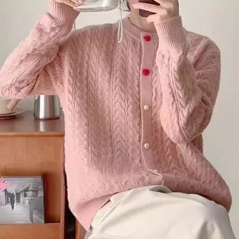 Осенью и зимой новый круглый вырез модный повседневный свитер женский кардиган с сердечками и пуговицами сладкий поворот вязаный жакет прилив One size розовый