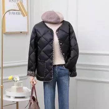 Осенью и зимой новый легкий короткий пуховик корейской версии круглый вырез потайная пуговица белый утиный пух теплая модная куртка модный S чёрный