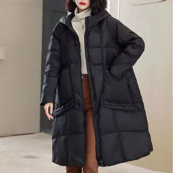 Осенью и зимой новый модный пуховик с большим карманом женский свободный средний и длинный большой размер с капюшоном белый утиный пуховик прилив M темно-коричневого