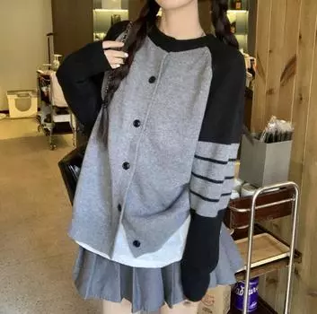 Осенью и зимой новый модный свободный универсальный и тонкий контрастных цветов мягкий восковой вязаный кардиган в стиле колледжа свитер куртка женская one size fits all абрикосовый