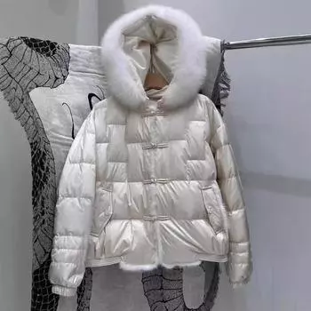 Осенью и зимой новый пуховик с большим меховым воротником и капюшоном из лисьего меха, женская короткая куртка из норки в китайском стиле с пряжкой M белый
