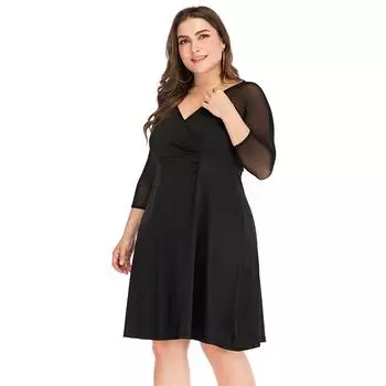 Осень V-образным вырезом плюс размер сплошной цвет сетчатая панель с длинным рукавом и высокой талией элегантное платье XL-5XL XL чёрный