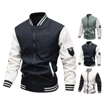 Осень-Весна Мужская бейсбольная куртка с воротником-стойкой на молнии Контрастный цвет Большой размер Свободный L белый