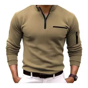 Осень-Весна Мужская Рубашка На Молнии Полуоткрытый Воротник-стойка Однотонный Формальный Бизнес S хаки