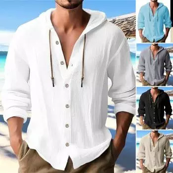 Осень-Весна Мужская Рубашка С Капюшоном На Шнуровке Длинные Рукава Кардиган Тонкий Однотонный Цвет Средней Длины Повседневный Повседневный XL чёрный