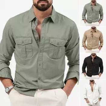 Осень-Весна Мужская рубашка в стиле ретро, однобортная, с лацканами, длинными рукавами, кардиган, нагрудные карманы, пуговицы, стираный однотонный цвет XL белый