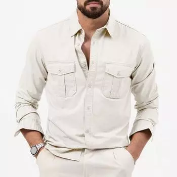 Осень-Весна Мужская рубашка в стиле ретро, однобортная, с лацканами, длинными рукавами, кардиган, нагрудные карманы, пуговицы, стираный однотонный цвет XL белый