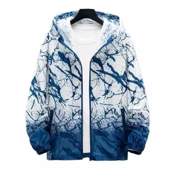 Осень-Весна Мужское Пальто С Капюшоном Градиент Цвета Соответствия Всплеск Принт Застежка-Молния Карманы На Молнии Свободный Кардиган Эластичные Манжеты Дышащее Мягкое Открытое Пальто M темно-синий