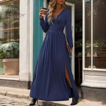 Осень-Весна Платье Кружева V-образным Вырезом С Длинными Рукавами Плиссированные Разделенный Подол Чистый Цвет Трапеции Большой Подол Slim Fit Полная Длина Платье Макси Для Свиданий M чёрный