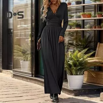 Осень-Весна Платье Кружева V-образным Вырезом С Длинными Рукавами Плиссированные Разделенный Подол Чистый Цвет Трапеции Большой Подол Slim Fit Полная Длина Платье Макси Для Свиданий M чёрный