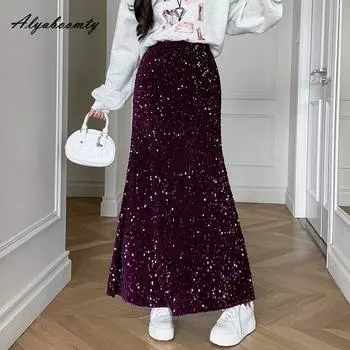 Осень-Весна, женская модная вечеринка, макси-юбка-русалка с высокой талией, серая, черная, абрикосовая, фиолетовая, с блестками, элегантная женская юбка-труба M чёрный