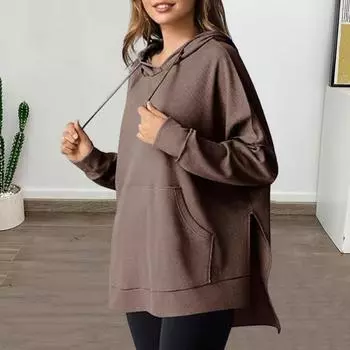 Осень-Весна Женская толстовка с капюшоном Большой карман со шнурком и капюшоном Свободный разрез Подол Чистый M коричневый