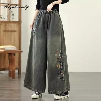 Осень Весна Женские Джинсы Большого Размера с Высокой Посадкой, Цветочной Вышивкой, Широкие Джинсовые Брюки, Элегантные, Винтажные, Классические Женские Джинсы One Size
