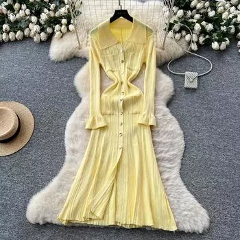 Осень Весна Женские Подиумные Платья для Вечеринки Рукав Клеш Вязаный Свитер Однобортное Длинное Макси Платье Русалка One Size жёлтый