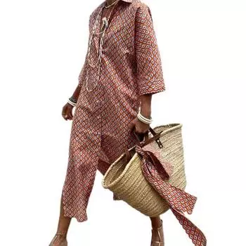 Осень-Весна Женское Платье Рубашка Типа Отложной Воротник Рукава Три Четверти А-силуэта Однобортный Шнуровка Высокая Талия Повседневный L красный