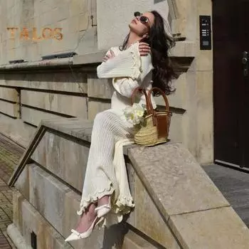 Осень-Весна, женское вечернее платье с гофрировкой, волнистым краем, круглым вырезом, V-образной спиной, приталенное, с длинными рукавами-колокольчиками, сплошное цветное эластичное бальное платье в полный рост, макси S