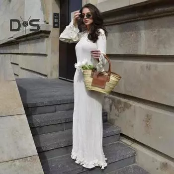 Осень-Весна, женское вечернее платье с гофрировкой, волнистым краем, круглым вырезом, V-образной спиной, приталенное, с длинными рукавами-колокольчиками, сплошное цветное эластичное бальное платье в полный рост, макси S