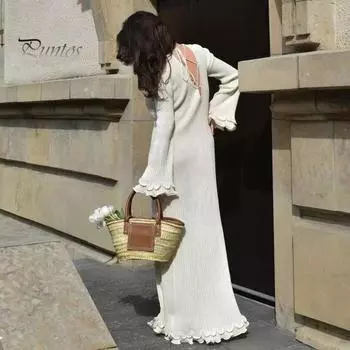 Осень-Весна, женское вечернее платье с гофрировкой, волнистым краем, круглым вырезом, V-образной спиной, приталенное, с длинными рукавами-колокольчиками, сплошное цветное эластичное бальное платье в полный рост, макси S