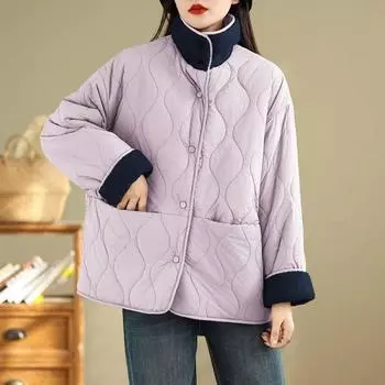 Осень-Весна-Зима Шерсть Хлопок Стеганая верхняя одежда свободного покроя женская повседневная свободная куртка Пальто M фиолетовый