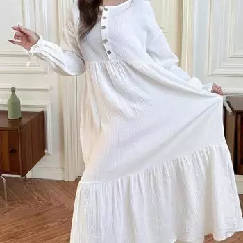 Осень-весна Длинные рукава А-силуэта Повседневное длинное платье для женщин Макси-платья Элегантные мусульманские платья Женская одежда S слоновая кость