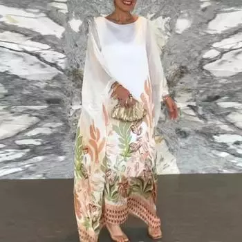 Осень-весна Длинный летучая мышь Принт Цвет Оверсайз Цветочный Соответствующий Халат Тип Женщин Платье Рукава Круглый Вырез M белый