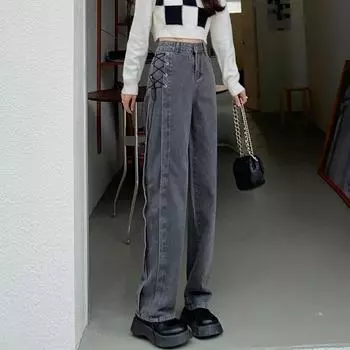 Осень-весна, джинсы, женские джинсовые брюки, винтажные прямые брюки, модные женские однотонные свободные повседневные широкие брюки на шнуровке S темно-серого