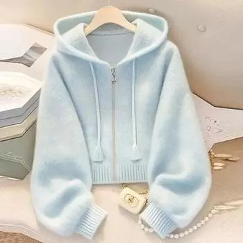 Осень-весна ленивый стиль мягкий синий кардиган свитера женщины длинный рукав элегантный вязаный жакет милый дизайн женская повседневная верхняя одежда с капюшоном топы XL синий