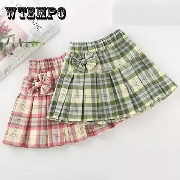 Осень-весна-лето повседневная плиссированная юбка для девочек клетчатая юбка студенческое платье для выступлений короткая юбка с бантом 160