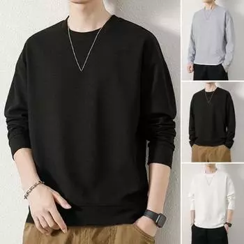 Осень-весна мужская футболка с круглым вырезом сплошной цвет с длинным рукавом свободный пуловер мягкий дышащий средней длины простой стиль мужской повседневный топ XL чёрный