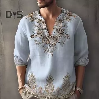 Осень-весна мужская рубашка 3D цветочный принт свободного кроя с V-образным вырезом и длинными рукавами в стиле ретро пуловер соответствующего цвета повседневная повседневная одежда топ M синий