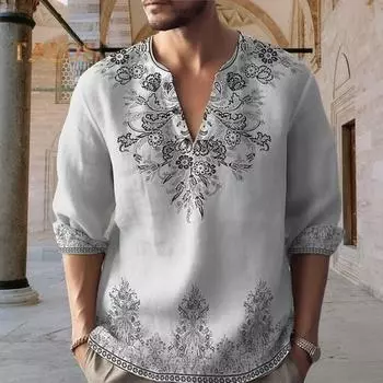 Осень-весна мужская рубашка 3D цветочный принт свободного кроя с V-образным вырезом и длинными рукавами в стиле ретро пуловер соответствующего цвета повседневная повседневная одежда топ M синий