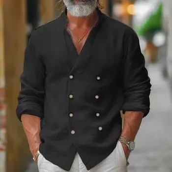 Осень-весна Мужская рубашка двубортный кардиган с воротником-стойкой, длинные рукава, V-образный вырез, свободный, средней длины, повседневная одежда, офисный деловой топ S небесно-голубой