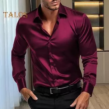 Осень-весна Мужская рубашка на пуговицах с отложным воротником Кардиган с длинными рукавами Атласный приталенный крой Средней длины Повседневная одежда Офисный деловой топ XL чёрный