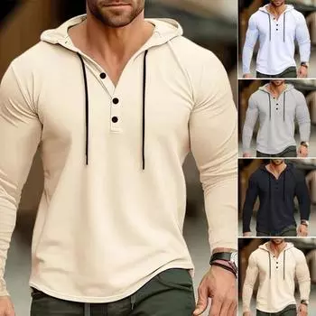 Осень-весна мужская рубашка с капюшоном и шнурком с длинными рукавами пуловер тонкий однотонный средней длины повседневный повседневный M белый