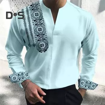 Осень-весна мужская рубашка с принтом Slim Fit V-образным вырезом с длинными рукавами Ретро-стиль пуловер соответствующего цвета Формальная деловая повседневная одежда Топ M белый