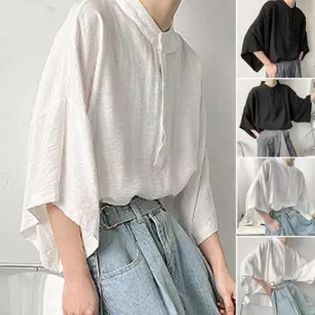 Осень-весна Мужская рубашка с воротником-стойкой, застегивающаяся на пуговицы, рукава «летучая мышь», однотонный свободный японский стиль 3XL чёрный