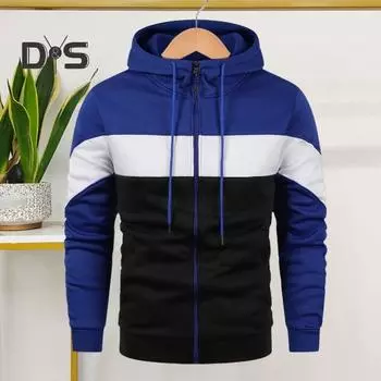 Осень-весна Мужская толстовка с капюшоном на шнурке с цветными блоками, застежка-молния, эластичные манжеты, свободный кардиган с капюшоном, длинные рукава, спортивная повседневная куртка S белый