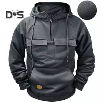 Осень-весна Мужская толстовка с капюшоном на молнии с завязками на шнурке, длинными рукавами, несколькими карманами, однотонный эластичный манжет, подол, пуловер в стиле карго, спортивный топ M чёрный