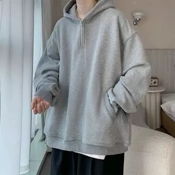 Осень-весна Мужская толстовка с капюшоном на молнии с капюшоном и карманами, длинные рукава, свободные эластичные манжеты, однотонный пуловер, толстый теплый повседневный топ M светло-серый