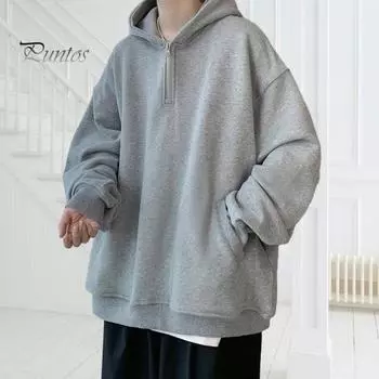 Осень-весна Мужская толстовка с капюшоном на молнии с капюшоном и карманами, длинные рукава, свободные эластичные манжеты, однотонный пуловер, толстый теплый повседневный топ M светло-серый
